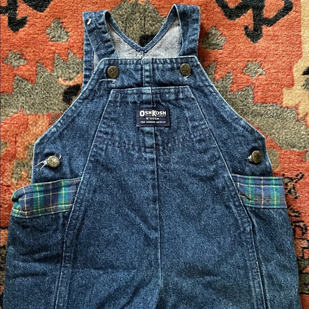 Vintage Baby OshKosh B'gosh Denim Overalls Green Plaid Trim 18M